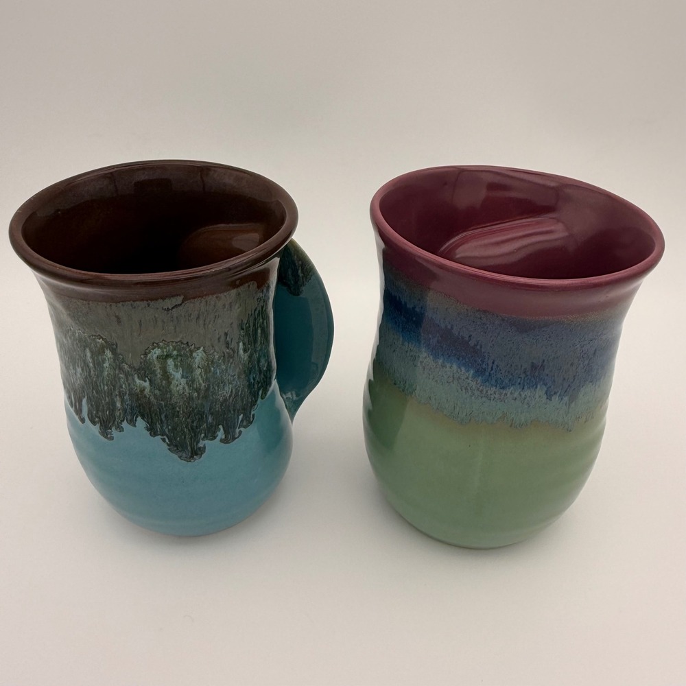 Clay In Motion Signed Neher Right Hand Handwarmer Mugs Set of 2 Artisan Pottery - Picture 9 of 10